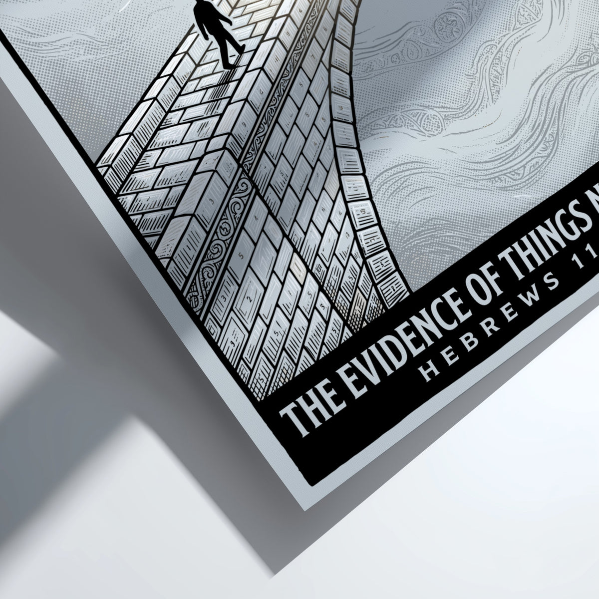 Poster featuring a person walking on a bridge into clouds with inspirational text