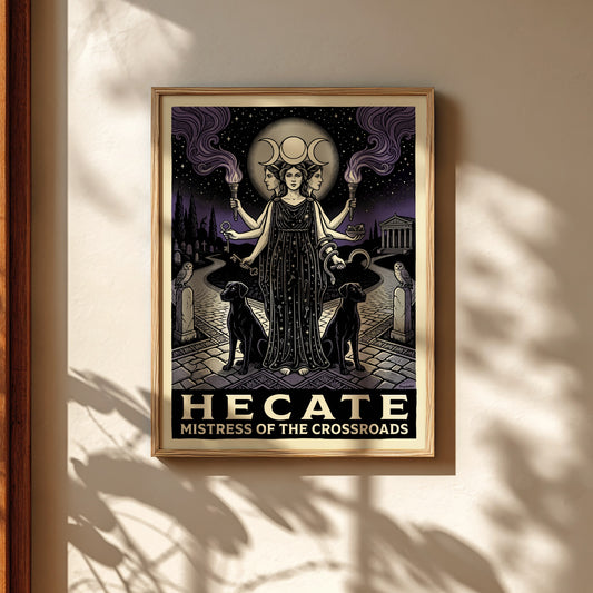 Hecate Greek Mythology Poster featuring a triple-faced goddess with torches and keys, in an illustrative