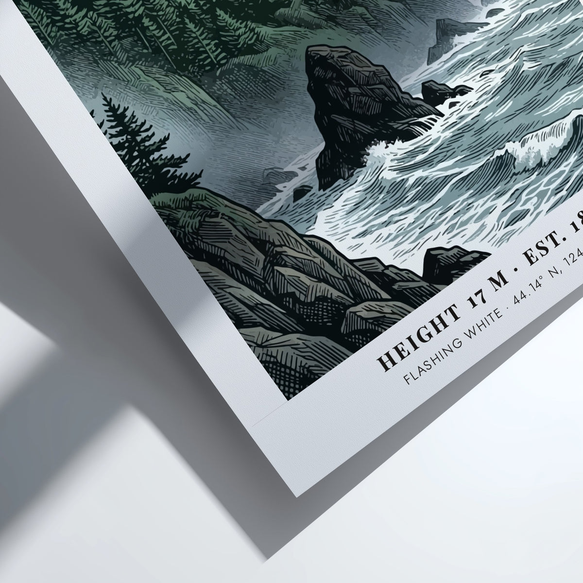 Poster of Heceta Head lighthouse on a rocky Oregon cliff with crashing ocean waves.