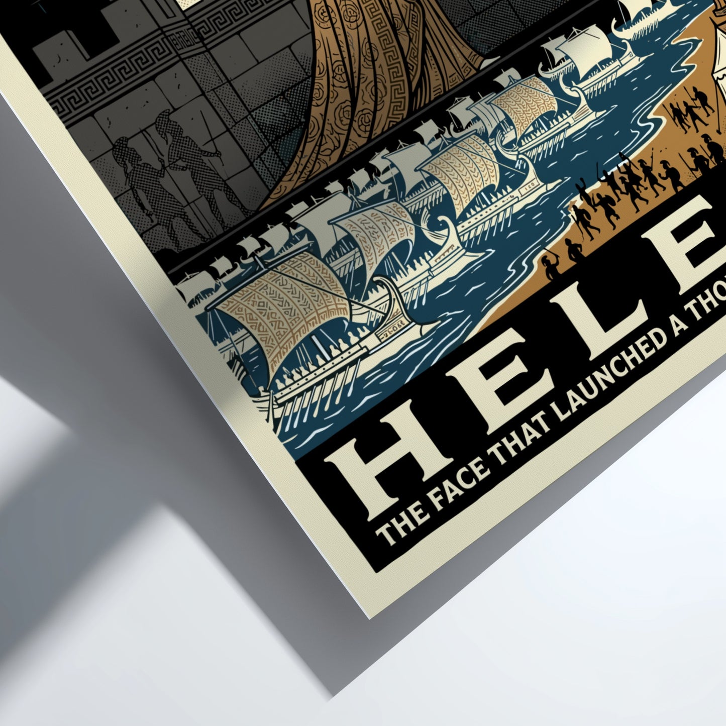 Helen of Troy poster, Greek mythology art, featuring a woman on a castle wall overlooking ships. Earthy tones.