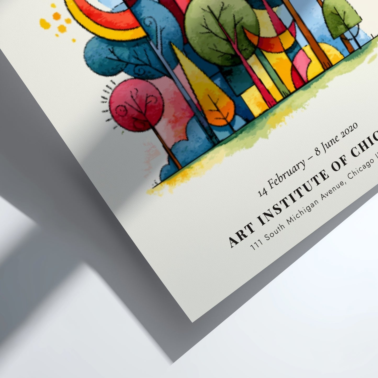 Kandinsky inspired poster with vibrant abstract shapes and colorful trees