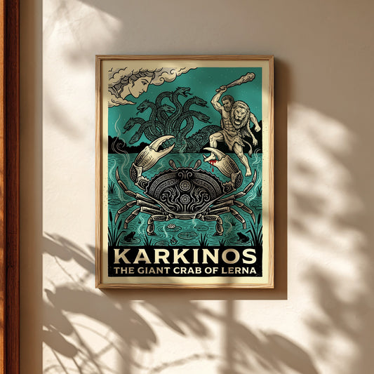 Karkinos Giant Crab of Lerna poster featuring Hercules and the Hydra, Greek mythology art.