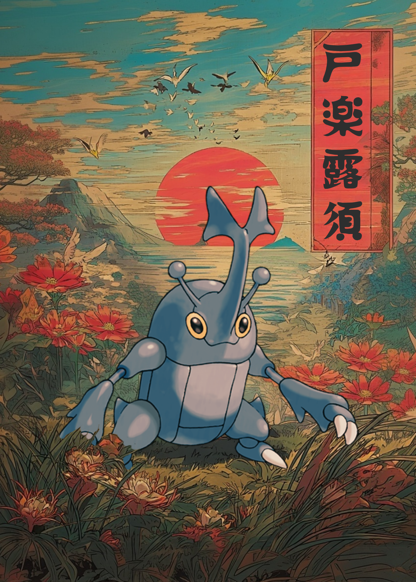 Heracross Pokemon character in a fantasy landscape with flowers and mountains, featuring a sunset and traditional Japanese elements.
