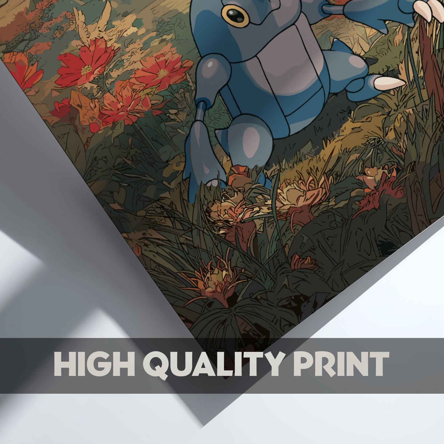 Heracross Pokemon character in a natural setting with flowers and plants, labeled 'High Quality Print'.
