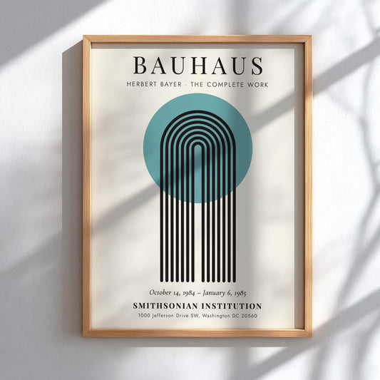 Bauhaus poster featuring Herbert Bayer's design with geometric shapes and vibrant colors