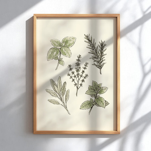 Poster featuring hand-drawn culinary herbs including basil, rosemary, thyme, sage and mint on cream.