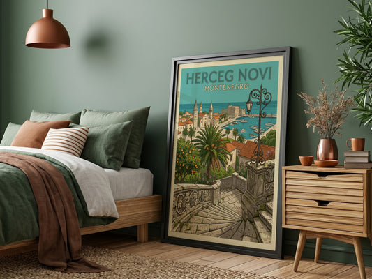 Herceg Novi Montenegro travel poster in illustrative style, featuring coastal town and harbor.