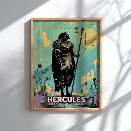 Framed poster of Hercules with a stylized design on a light background