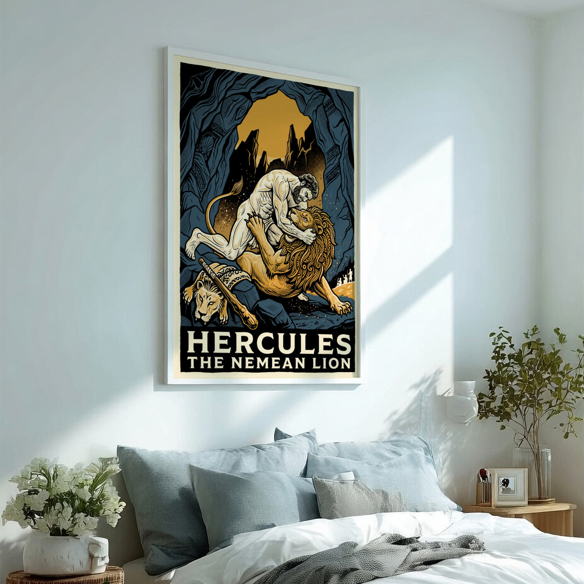 Poster featuring Hercules wrestling the Nemean Lion in a dark blue cavern setting.