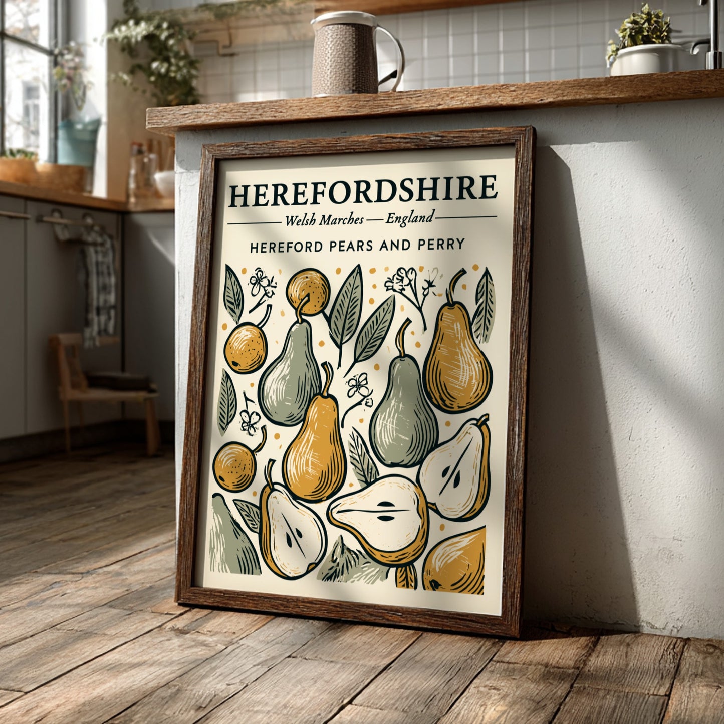 Kitchen poster featuring vintage pears and foliage in warm colors