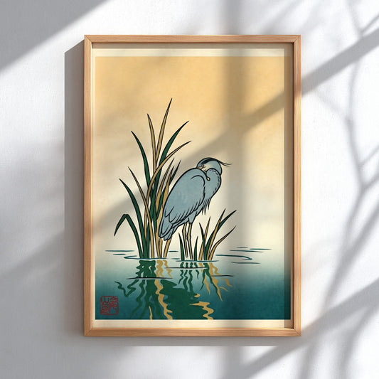Japanese art style poster featuring a heron in reeds with soft colors