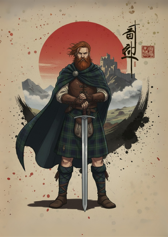 Illustration of a warrior in Scottish attire with a sword, set against a scenic background.