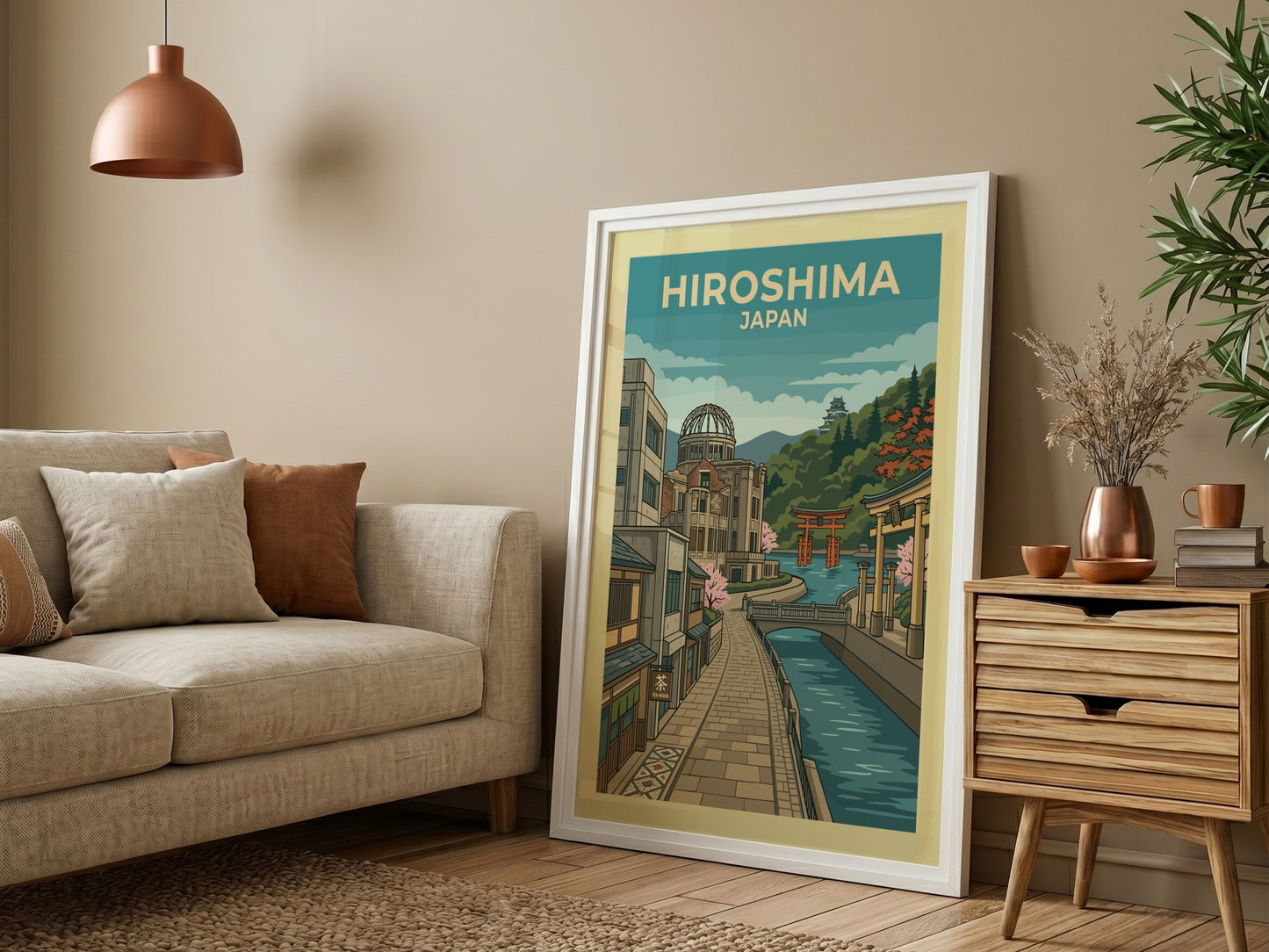 Hiroshima Japan travel poster with vintage illustration of a canal, buildings, and the Atomic Bomb Dome.