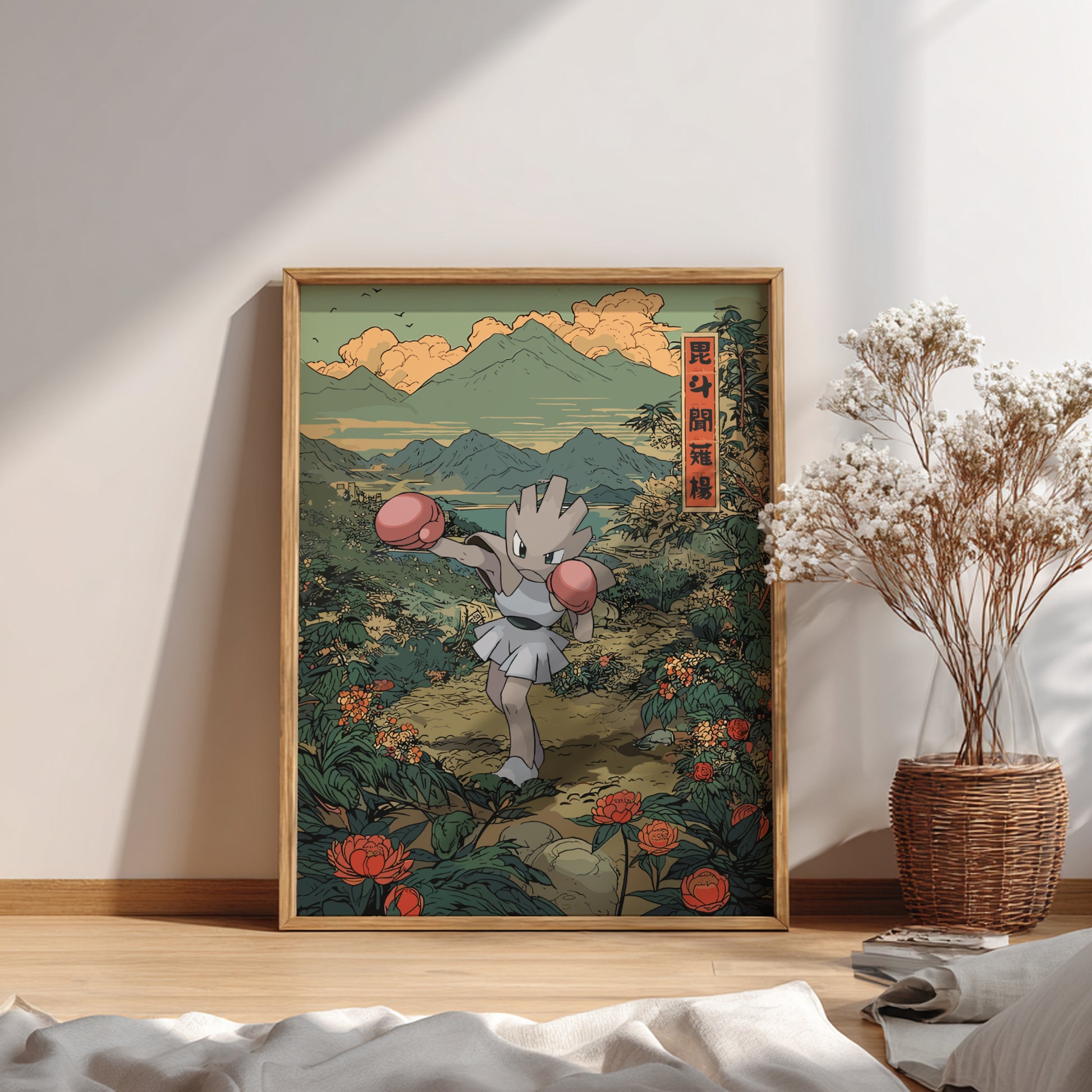 Framed artwork of Hitmonchan Pokemon character in a scenic setting on a wall with a vase of flowers below.