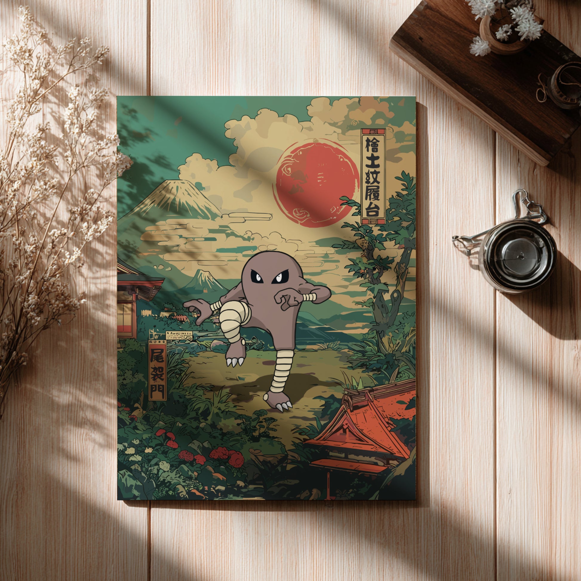 Ghibli-style illustration of Hitmonlee Pokemon on a wooden surface with a cup and dried plants.