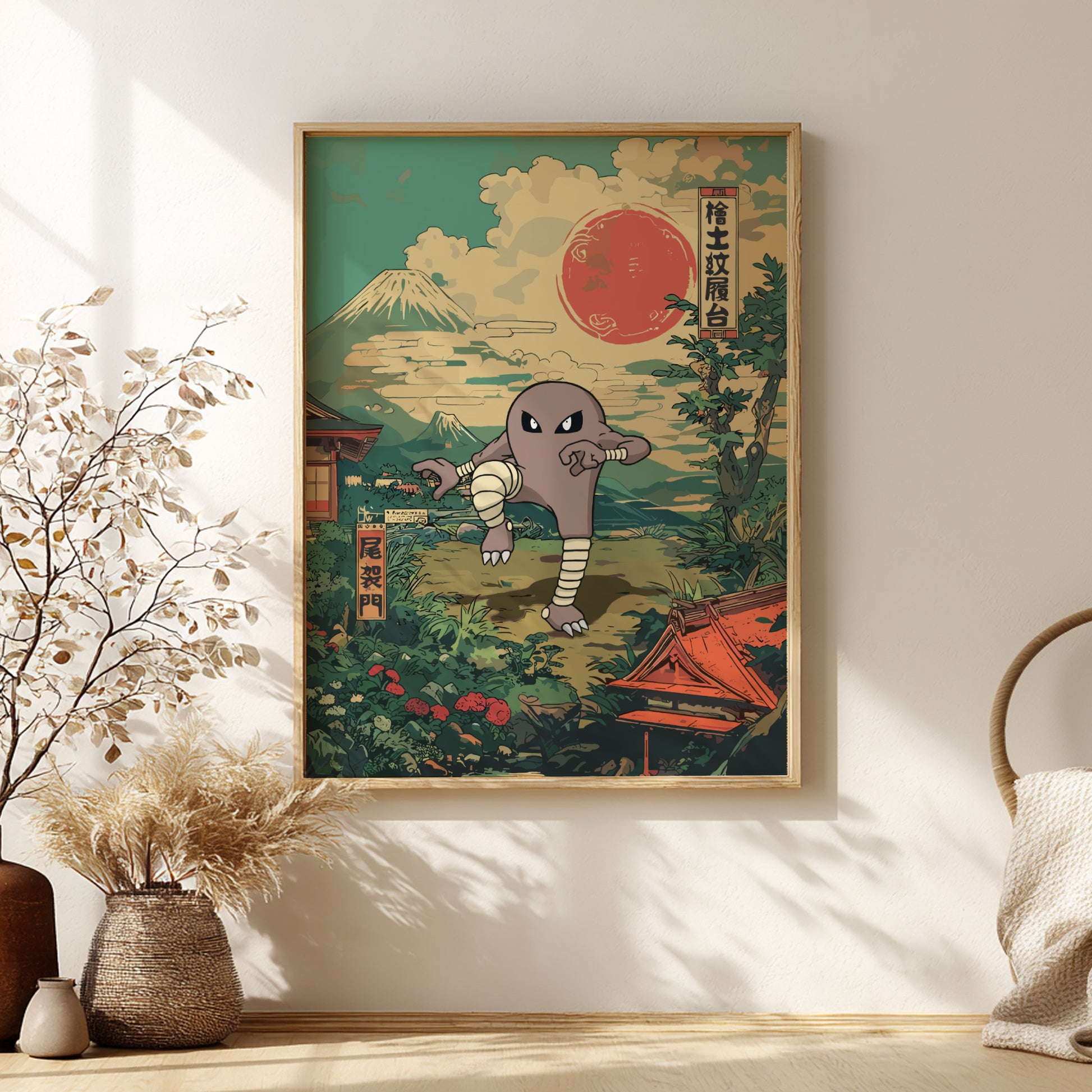 Framed artwork with a stylized Hitmonlee Pokemon in a Japanese-inspired setting on a wall.