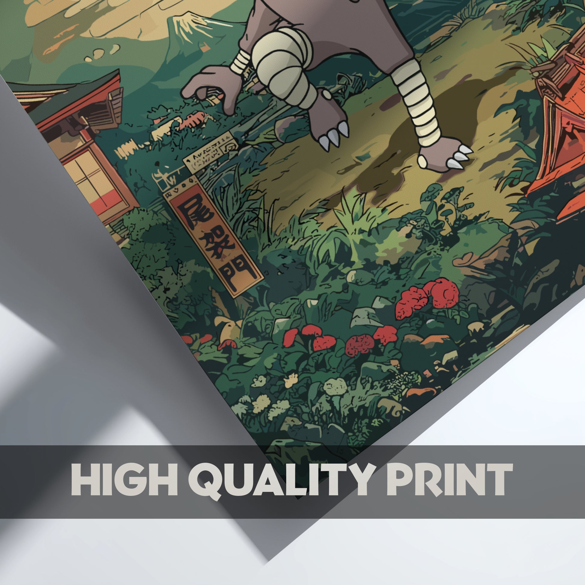 Illustration of Hitmonlee Pokemon on a traditional Japanese landscape with text 'HIGH QUALITY PRINT'.