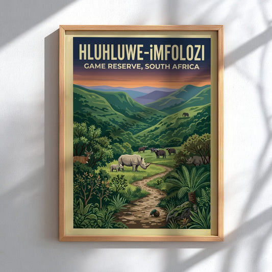 Hluhluwe-iMfolozi poster featuring vibrant greens and wildlife, nature landscape art for home decor