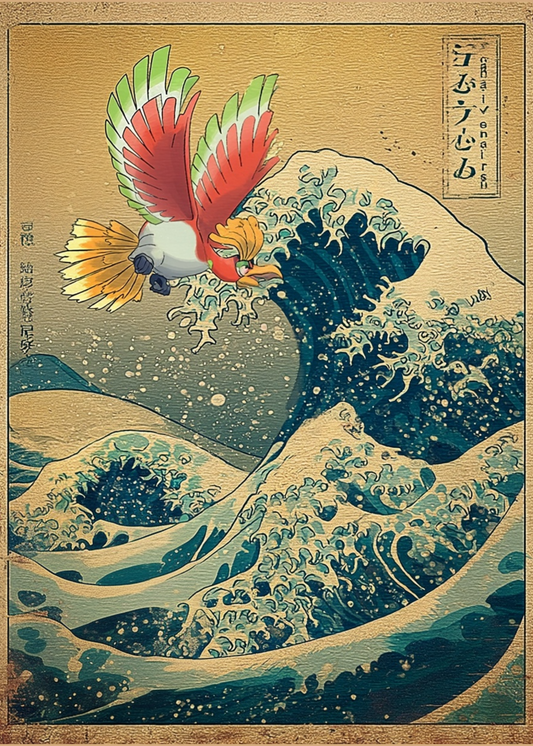 Traditional Japanese woodblock print of Ho-Oh Pokemon over a wave with gold border