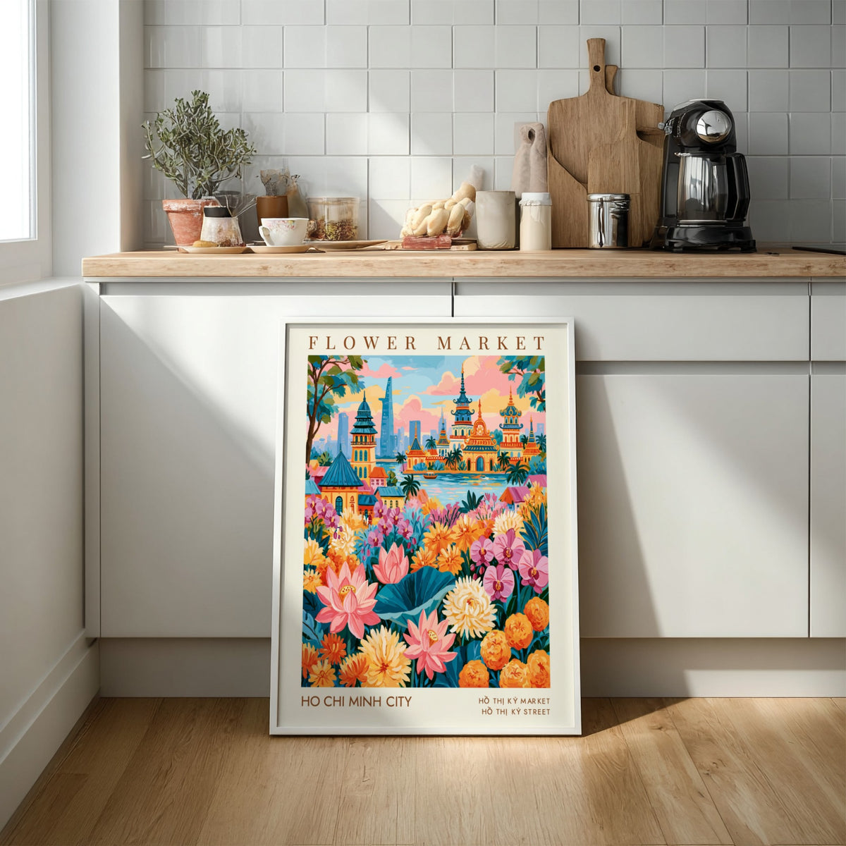 Flower market poster featuring vibrant flowers and city skyline in Ho Chi Minh City