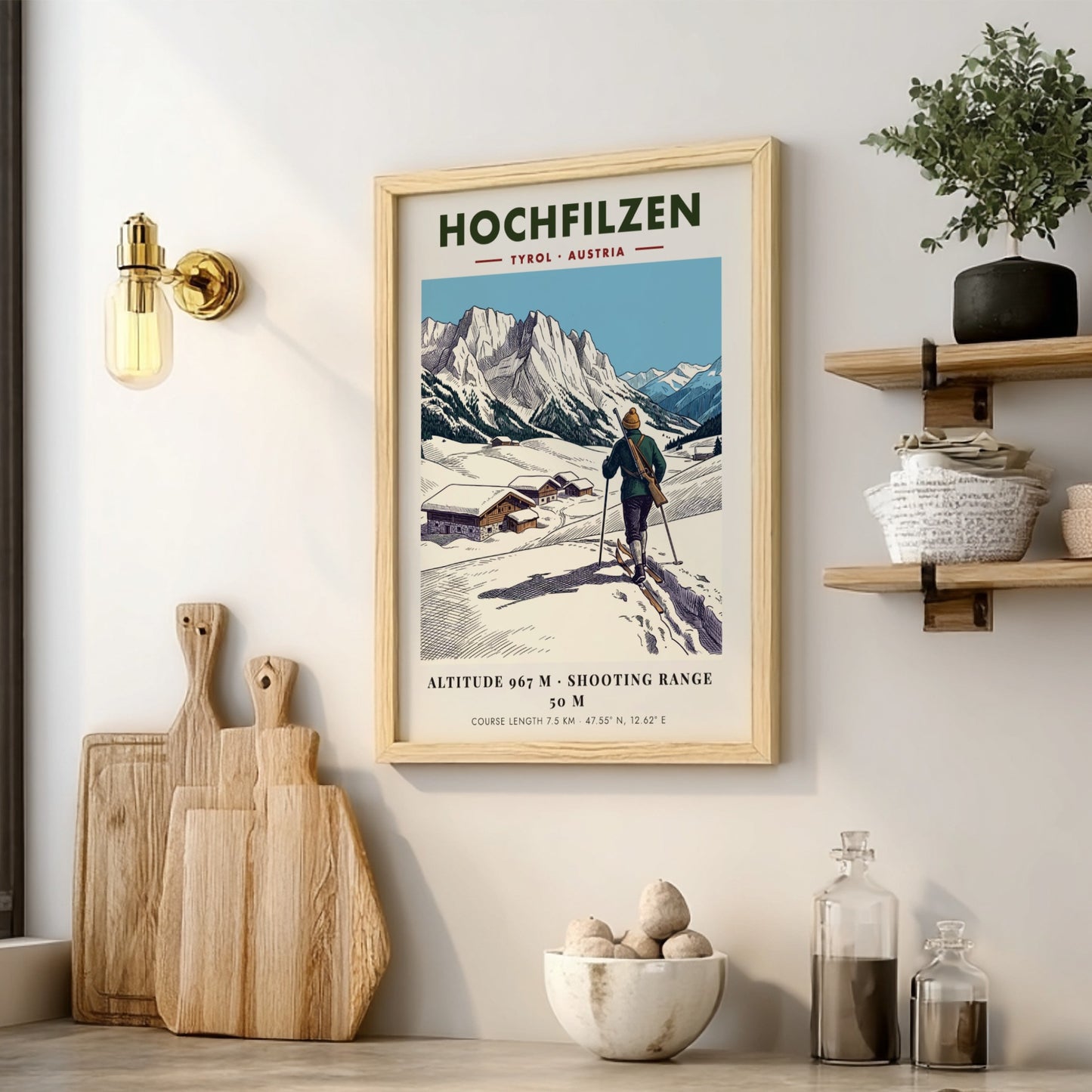 Poster of a biathlete skiing in Hochfilzen with snowy mountains and wooden cabins.