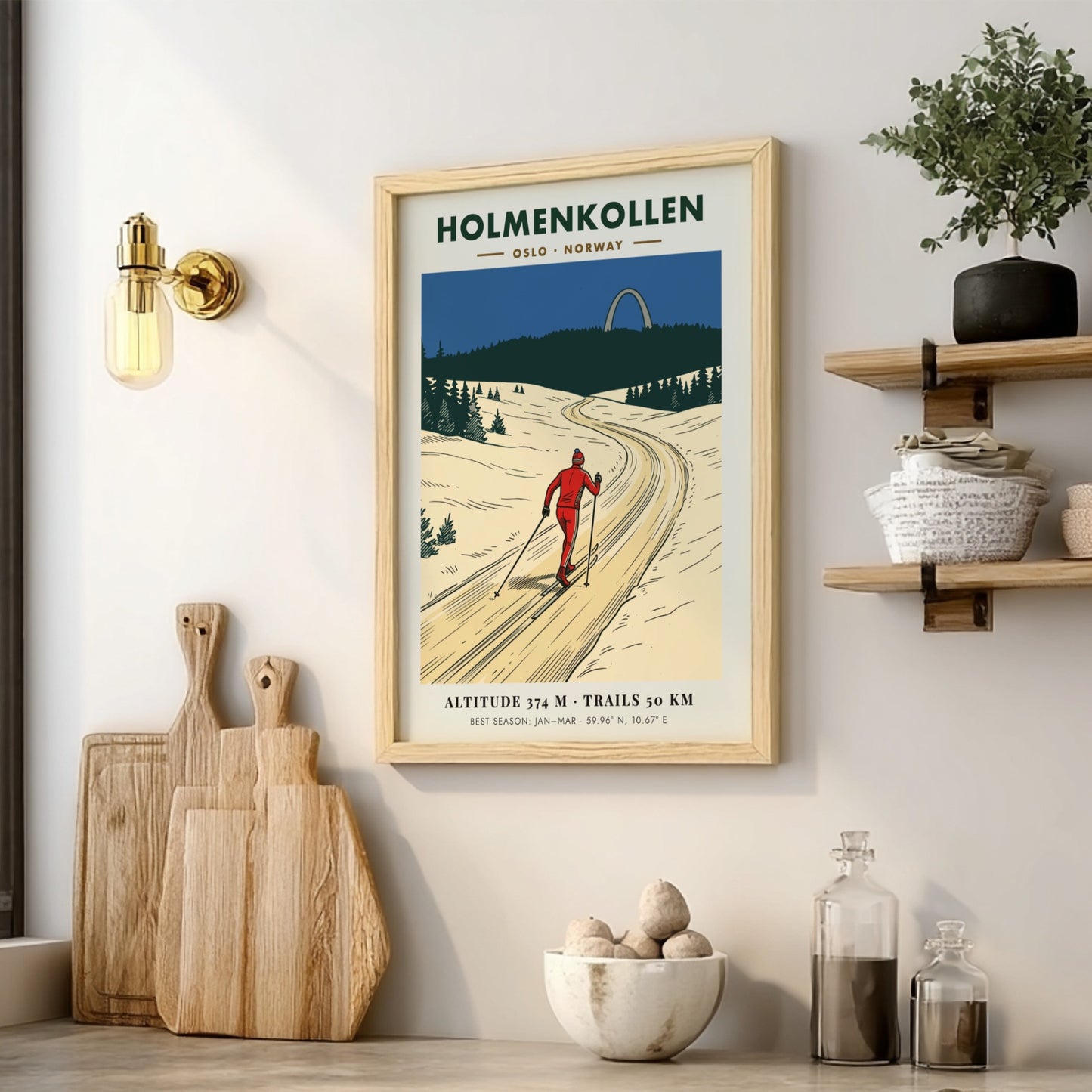 Poster of a skier on a snowy trail in Holmenkollen Oslo Norway, vintage style.