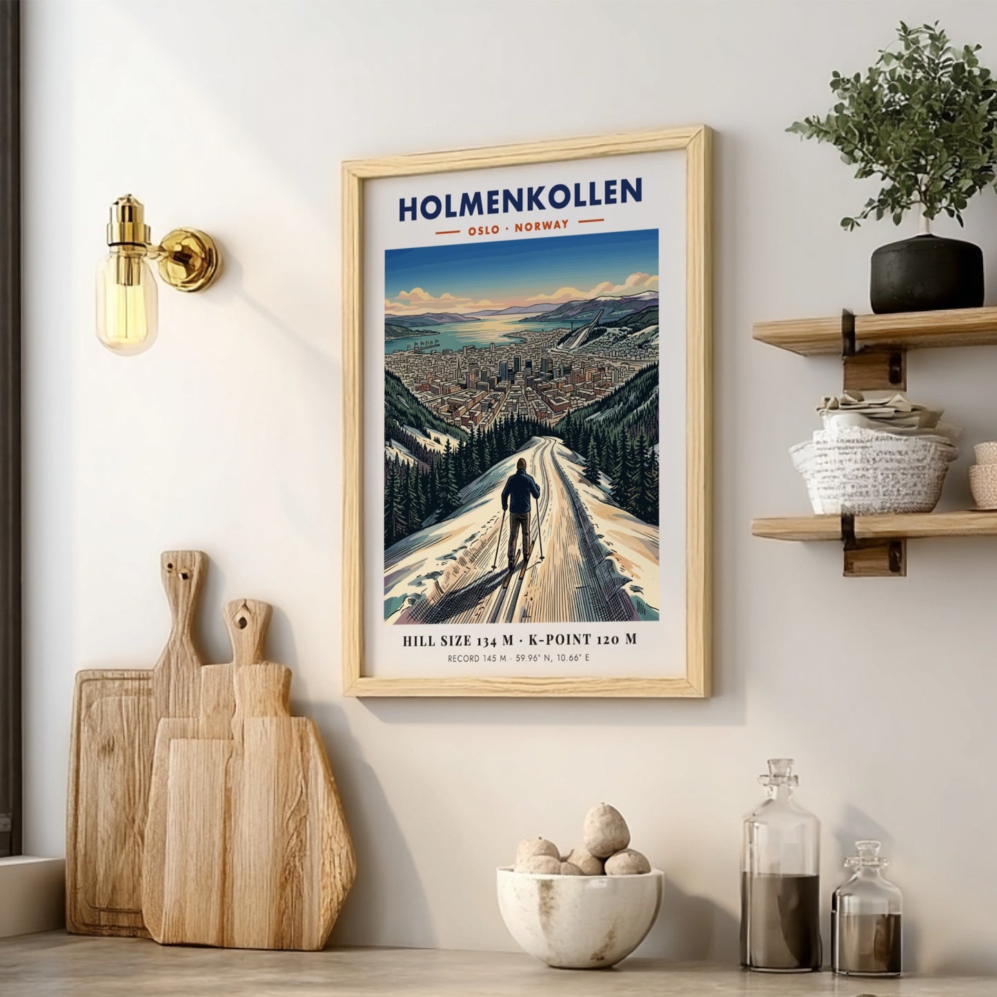 Poster of a skier looking over the city of Holmenkollen Oslo Norway landscape