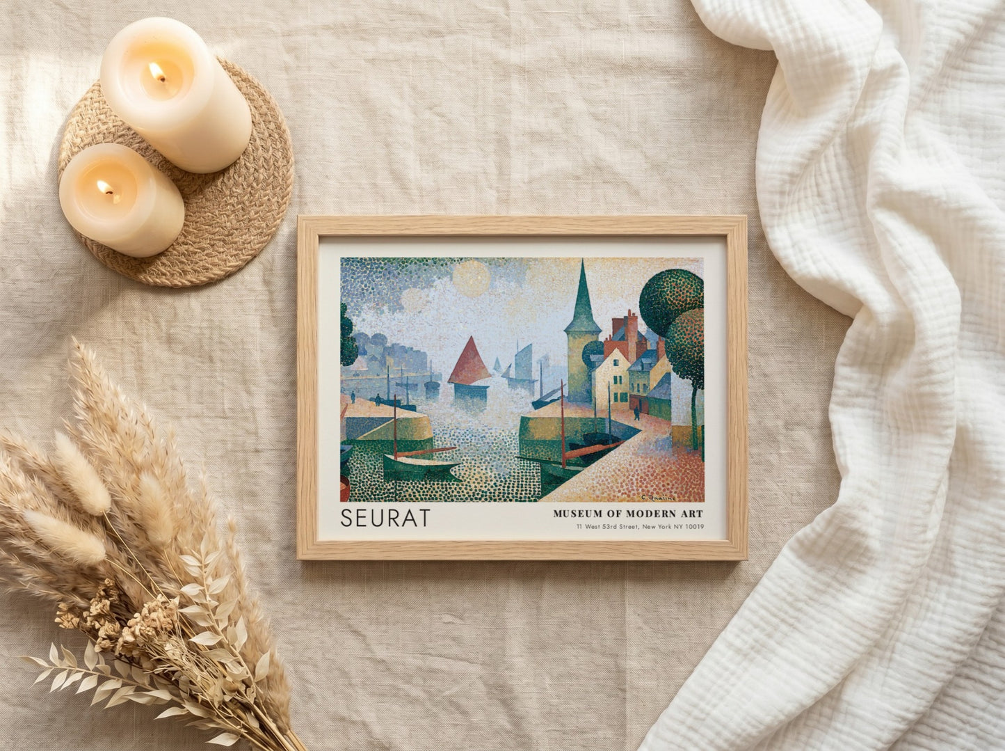 Wall art poster featuring Seurat Honfleur harbor scene with boats in pointillist style.