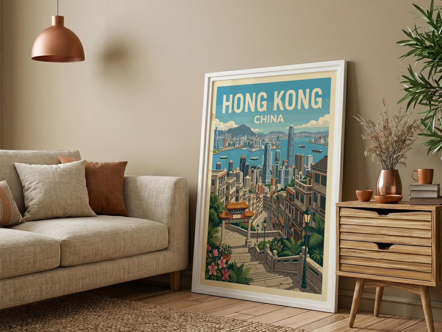 Hong Kong travel poster with a vintage cityscape illustration and the text 'Hong Kong China'.