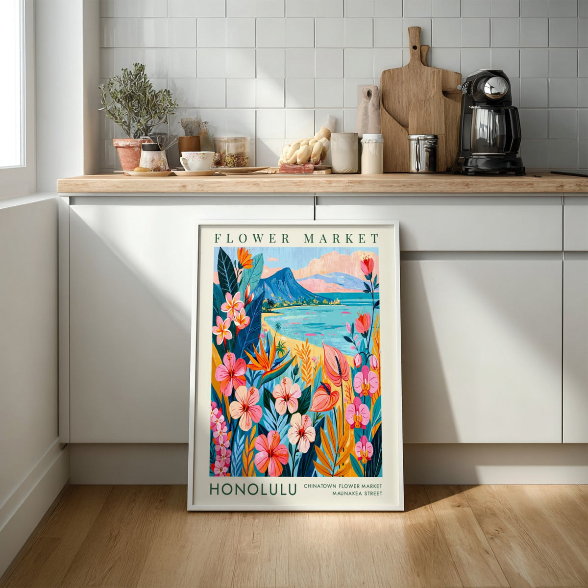 Flower market poster featuring tropical flowers and ocean view in vibrant colors