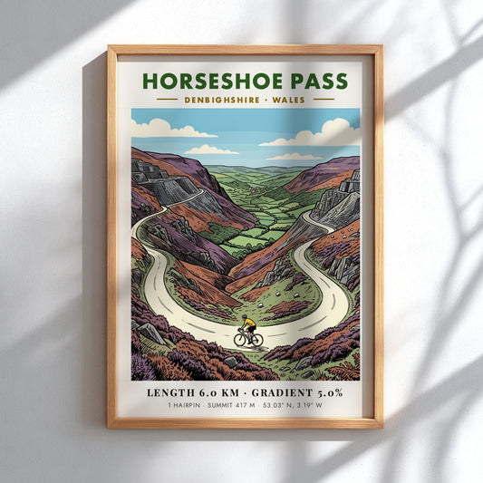 Poster of Horseshoe Pass in Denbighshire featuring a cyclist on a winding road