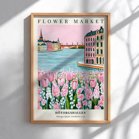 Floral art print featuring Hötorgshallen flower market with pink tulips and a serene waterfront view in soft