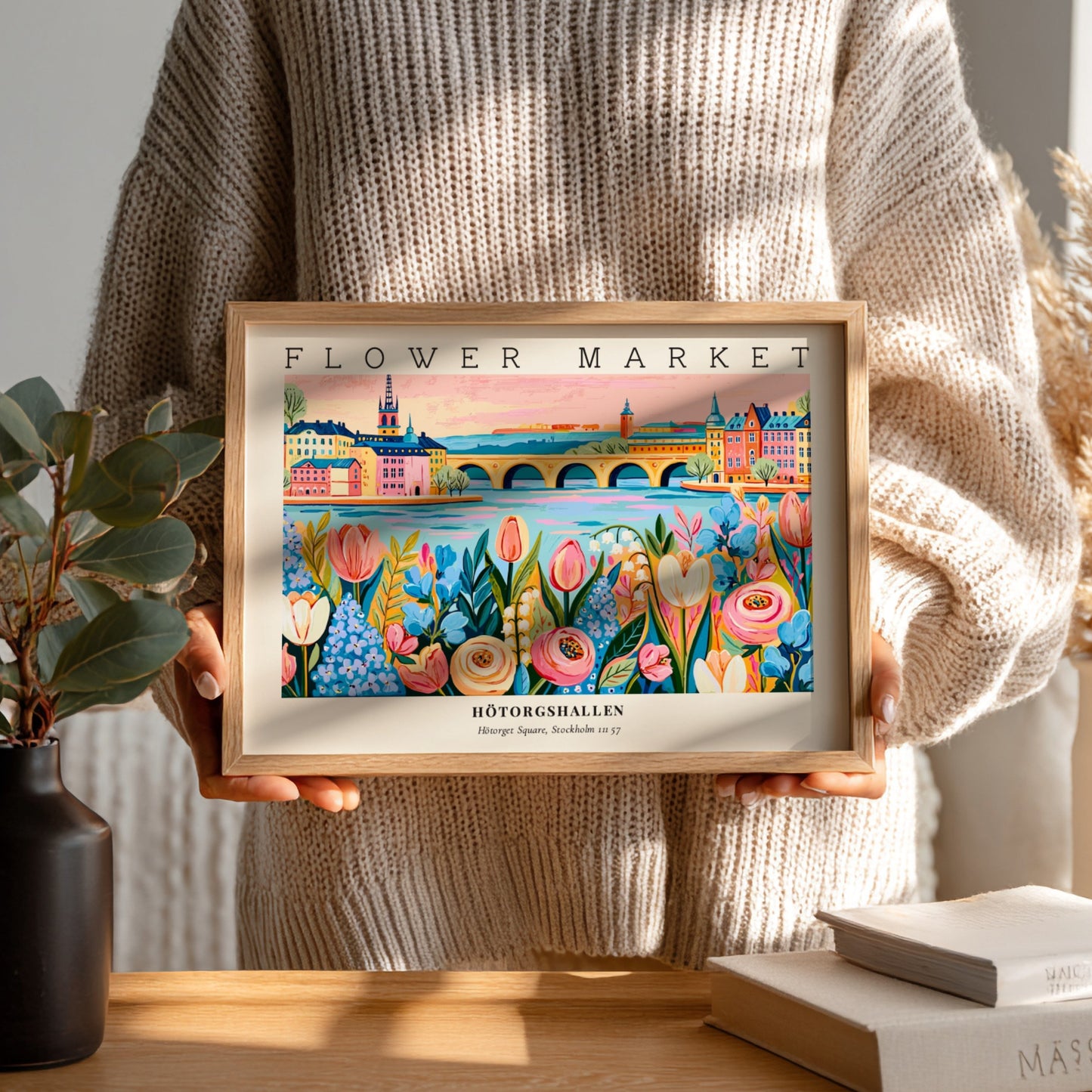 Flower market poster featuring vibrant tulips and landscape design in Hötorgshallen