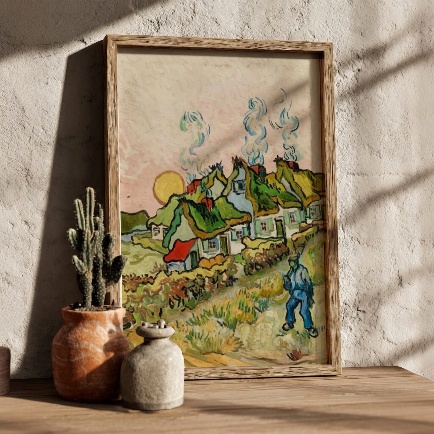 Vincent Van Gogh "Houses and Figure" art poster, featuring a village with thatched roofs and a solitary
