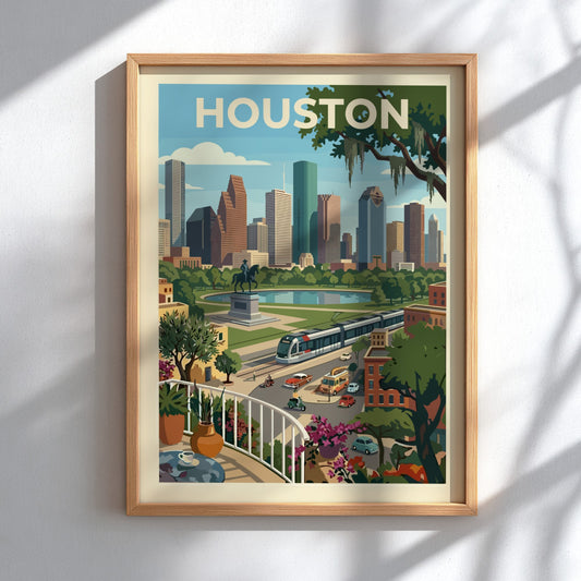 Stylized illustration of the Houston skyline with skyscrapers, parks, and a tram, rendered in a retro color