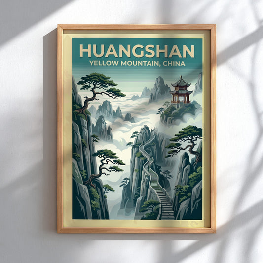 Huangshan Yellow Mountain travel poster featuring a traditional pagoda, stone stairs, and pines.