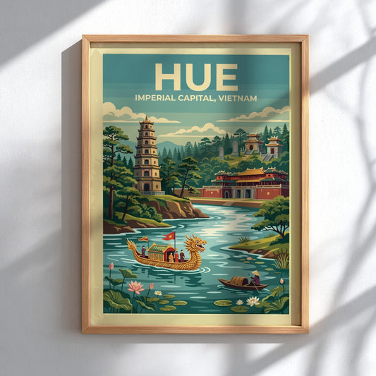 Travel poster of Hue featuring a golden dragon boat and traditional pagoda landscape
