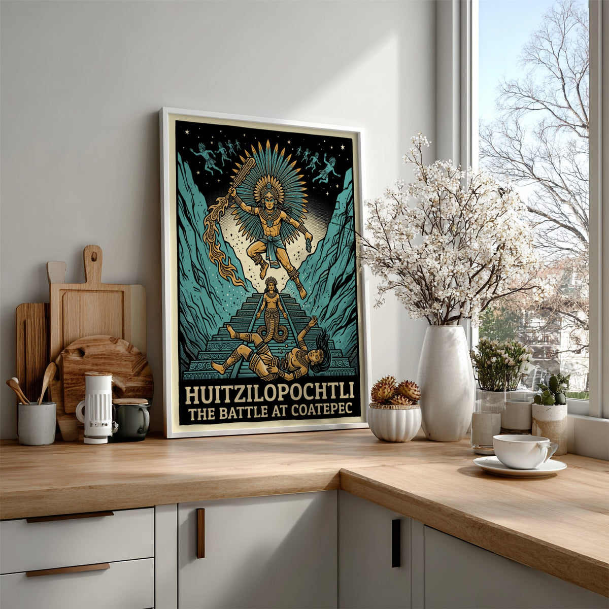 Huitzilopochtli poster showing the Aztec deity in battle with teal mountains and text.