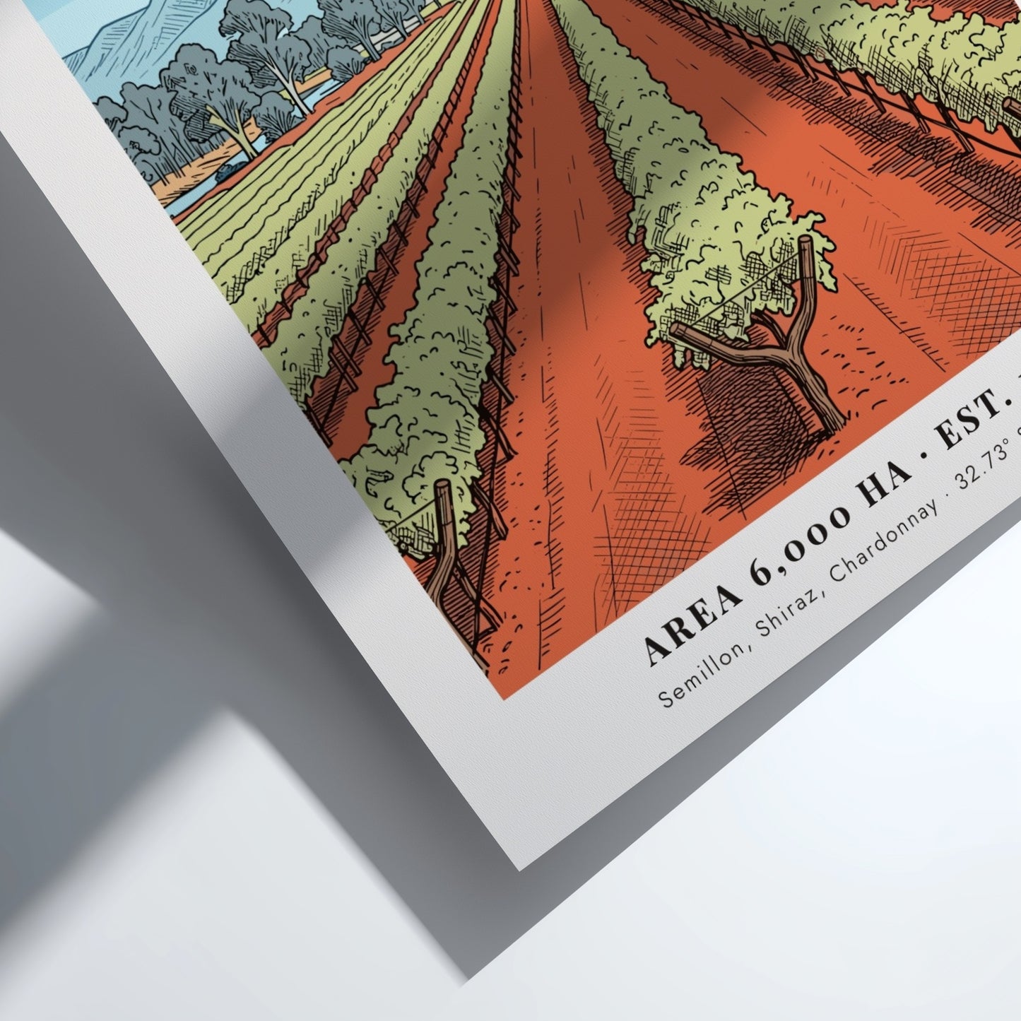 Poster of Hunter Valley wine region with lush vines and blue mountains above.