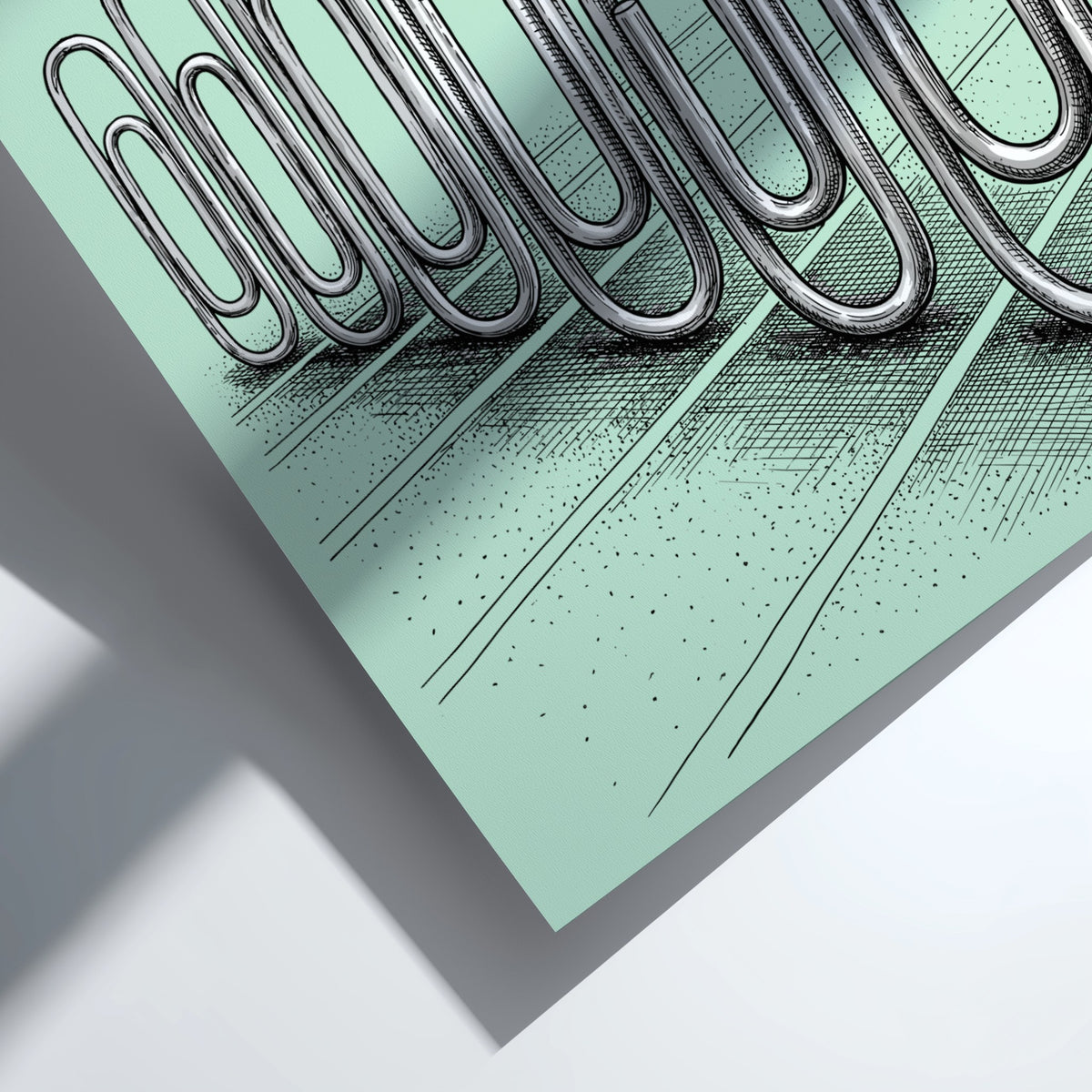 Poster featuring an athlete jumping over giant metal paperclip hurdles on mint green.