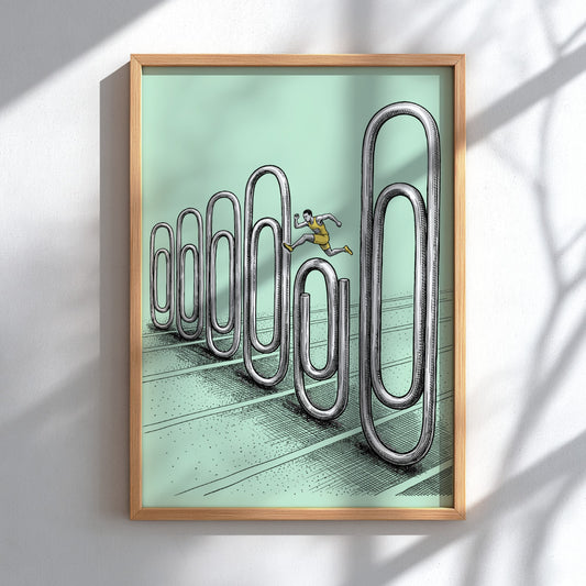 Poster featuring an athlete jumping over giant metal paperclip hurdles on mint green.