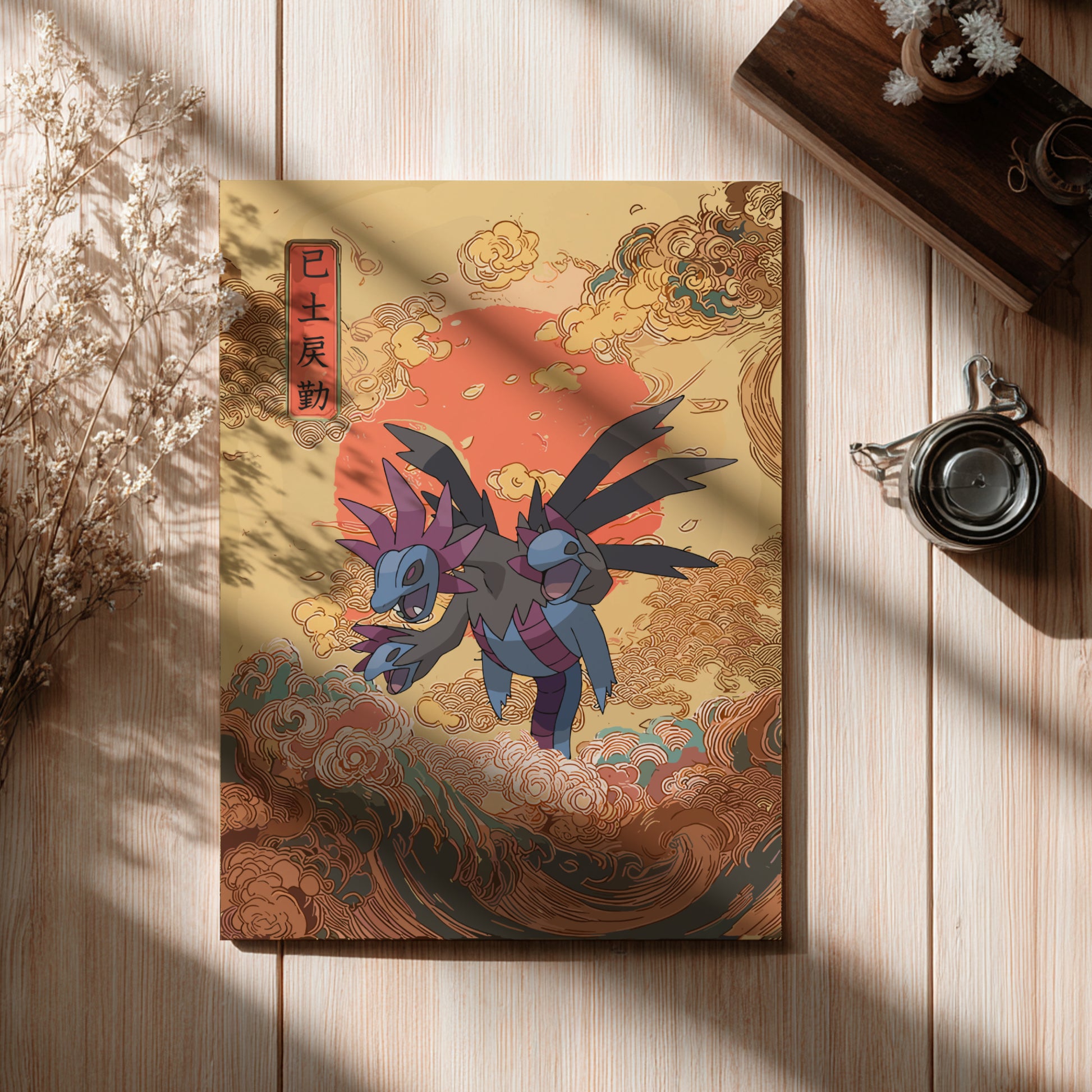 Poster with Hydreigon Pokemon design on a wooden surface