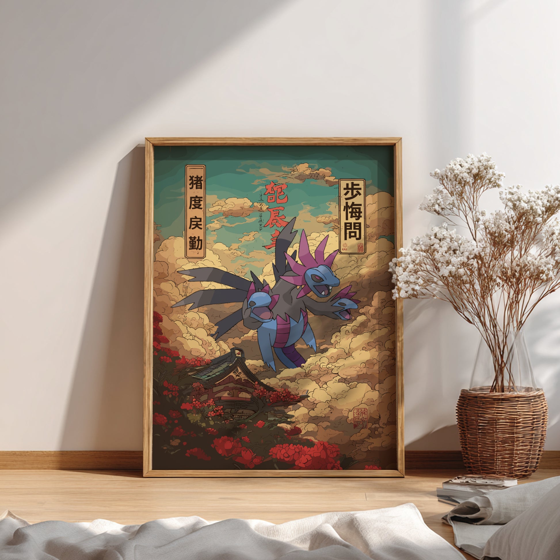 Framed artwork of Hydreigon Pokemon  in a room with a plant and books.
