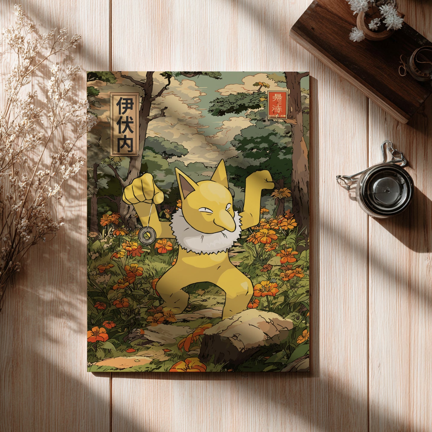 Illustration of Hypno Pokemon in a forest setting on a wooden surface with a cup and branches.