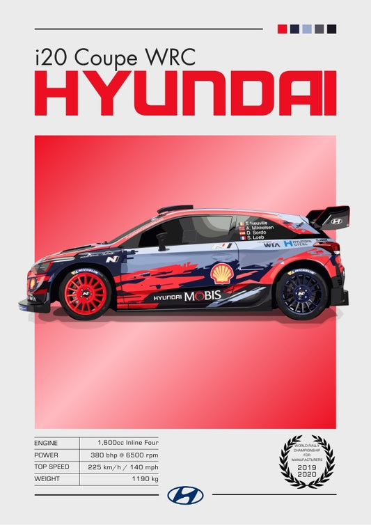Affiche Hyundai i20 Coupé WRC – Décoration murale de voiture de rallye mondiale des années 2010