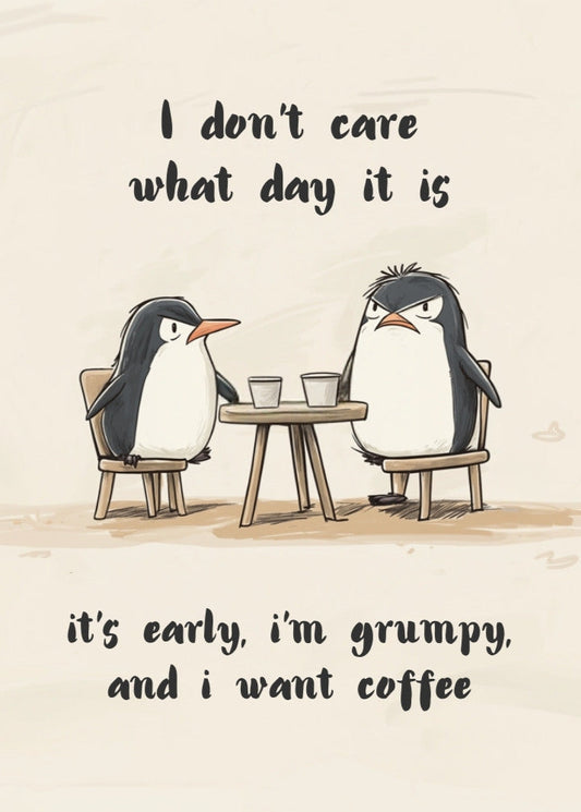 I don't care what day it is, it's early, im grumpy and i want coffee – Funny Penguin Poster, Quirky Animal Art, Whimsical Wall Decor, Cottagecore Aesthetic, Vintage Penguin Print, Humor Poster