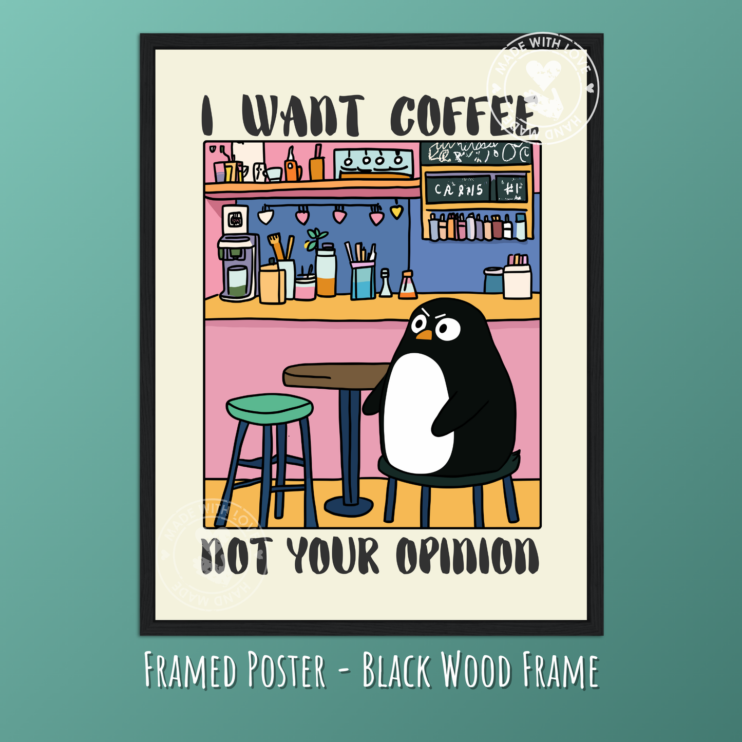I want coffee not your opinion Peguin – Funny Penguin Poster, Quirky Animal Art, Whimsical Wall Decor, Cottagecore Aesthetic, Vintage Penguin Print, Humor Poster