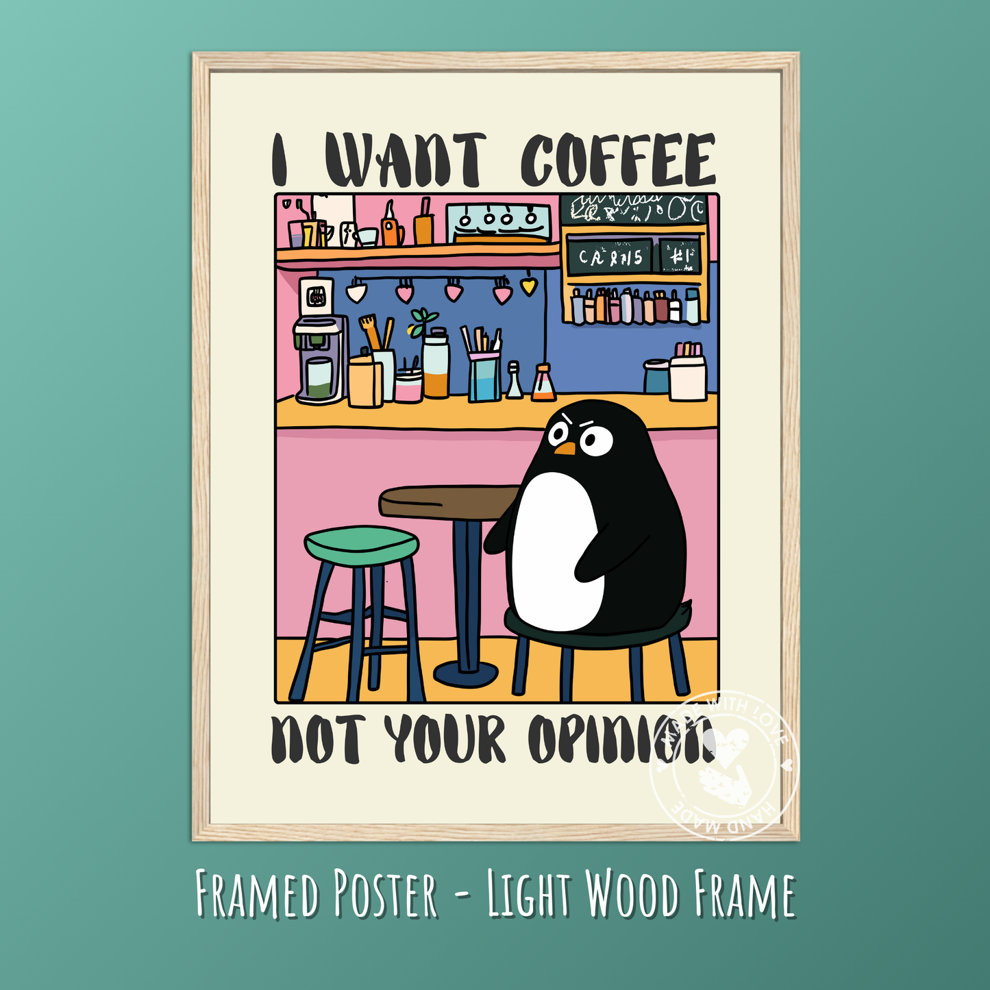 I want coffee not your opinion Peguin – Funny Penguin Poster, Quirky Animal Art, Whimsical Wall Decor, Cottagecore Aesthetic, Vintage Penguin Print, Humor Poster