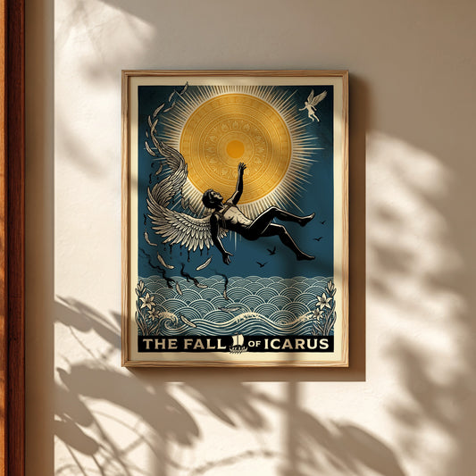 The Fall of Icarus Greek mythology poster, featuring a man falling with melting wings near a sun and waves.