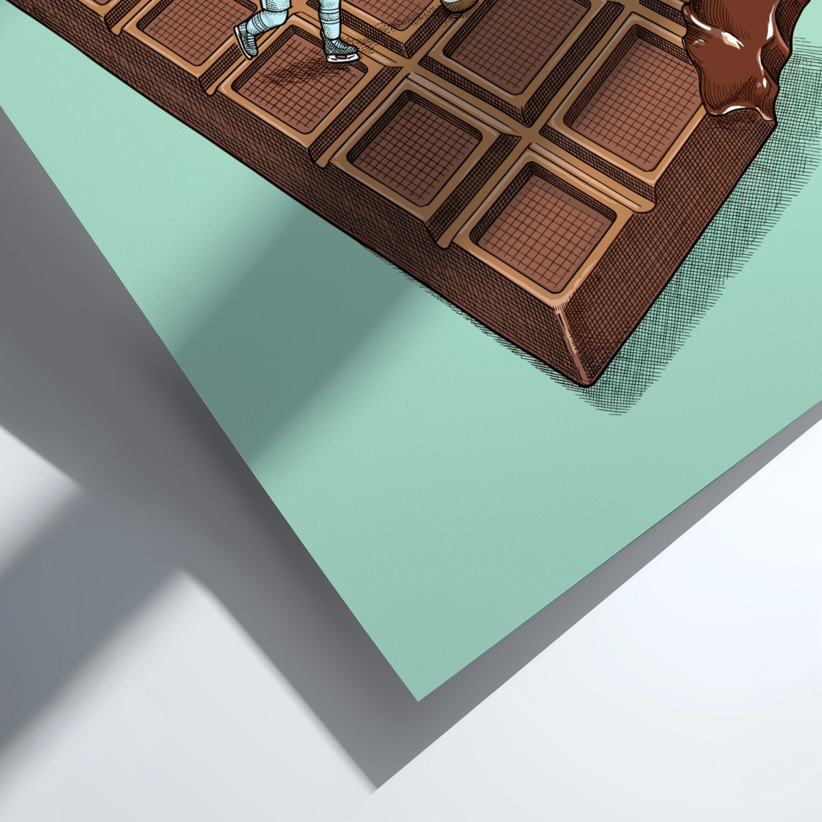 Poster showing three hockey players skating and competing on a textured milk chocolate bar.